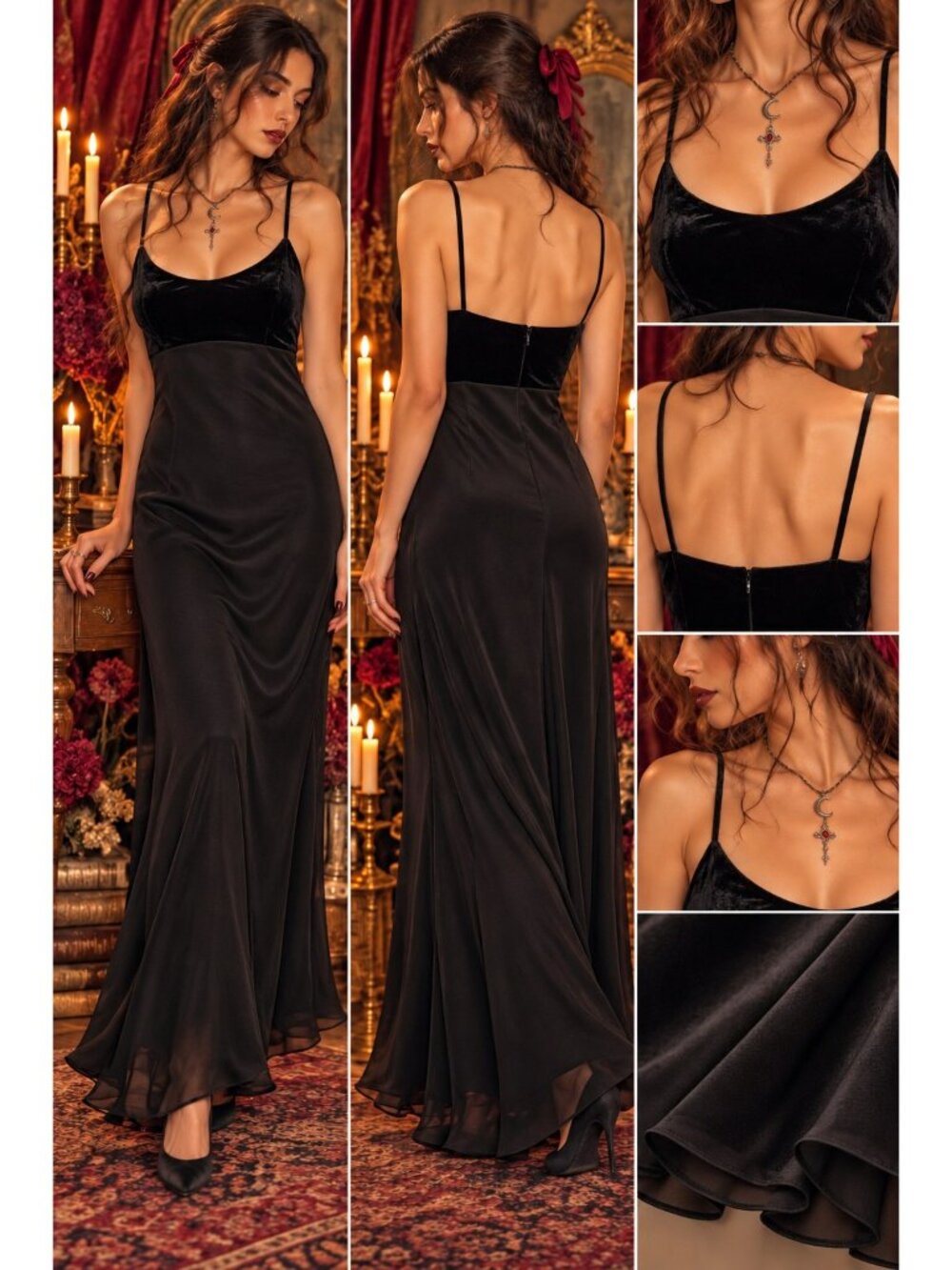 Witchy black maxi slip dress velvet bodice romantic goth whimsigoth 90s Hampton